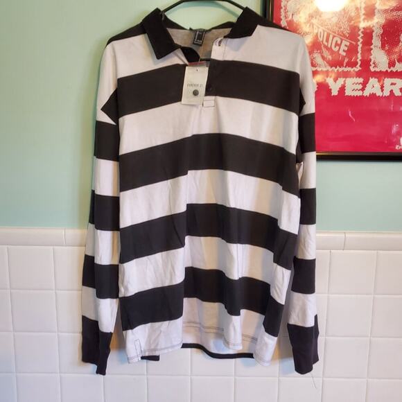 Forever 21 Black and White Striped Rubgy Shirt Men's Size Small NWT - Picture 7 of 7
